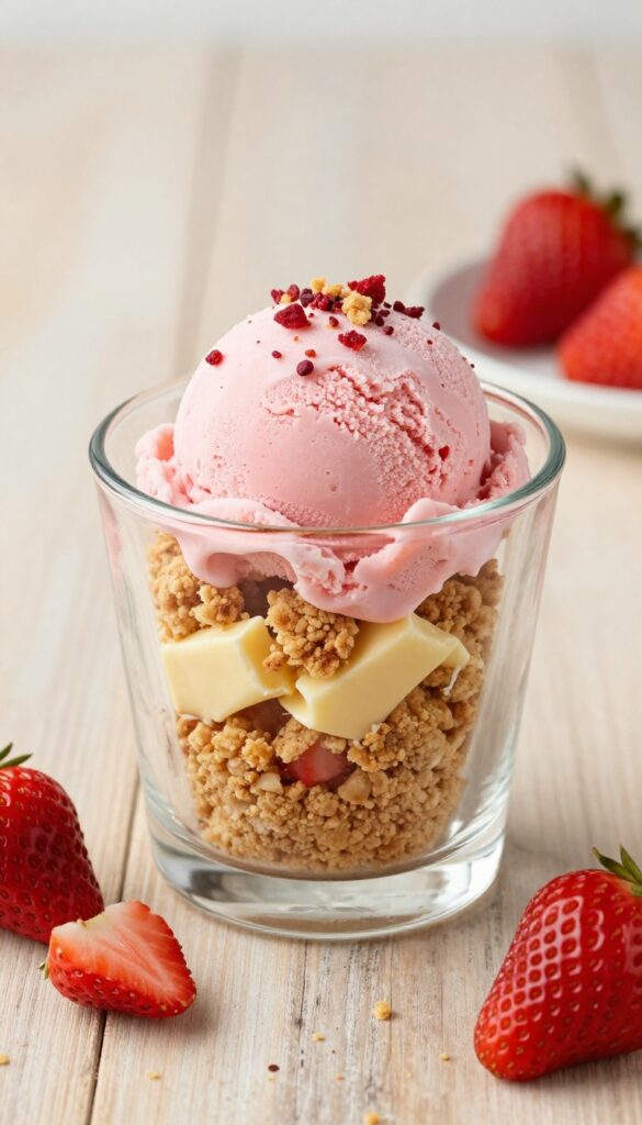 A glass dessert cup with strawberry ice cream, crumble, and fresh strawberries, representing a no-bake strawberry ice cream crumble dessert.