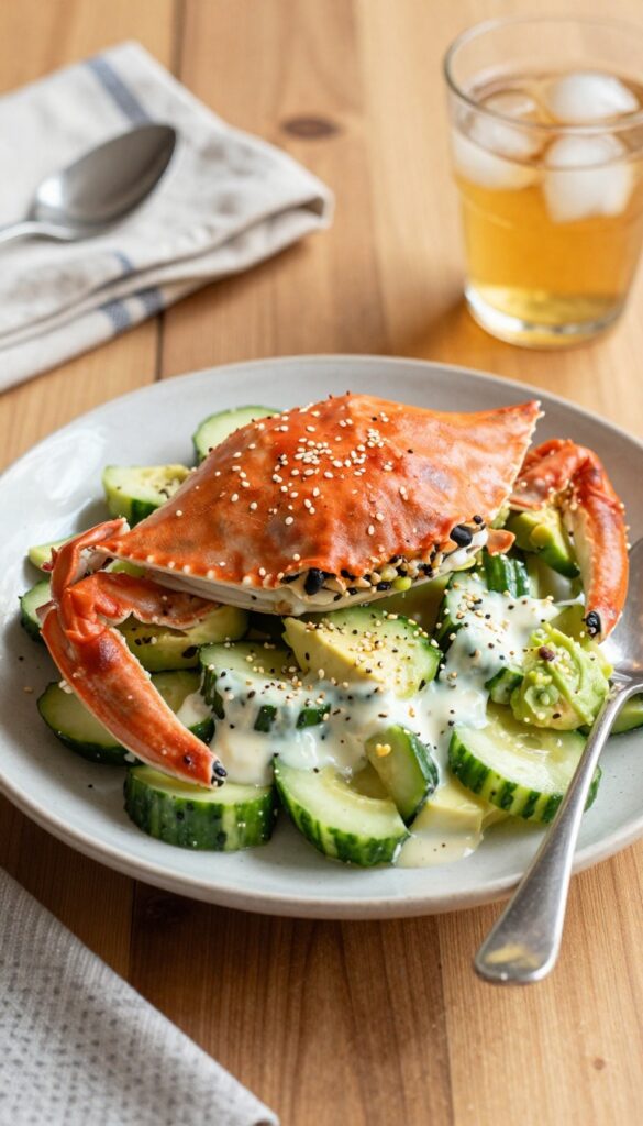 Crab cucumber salad with avocado and sesame on a wooden table with a serving spoon.