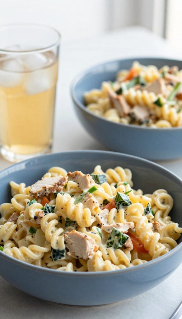 Canned chicken pasta salad served in a blue bowl with iced tea on the side.