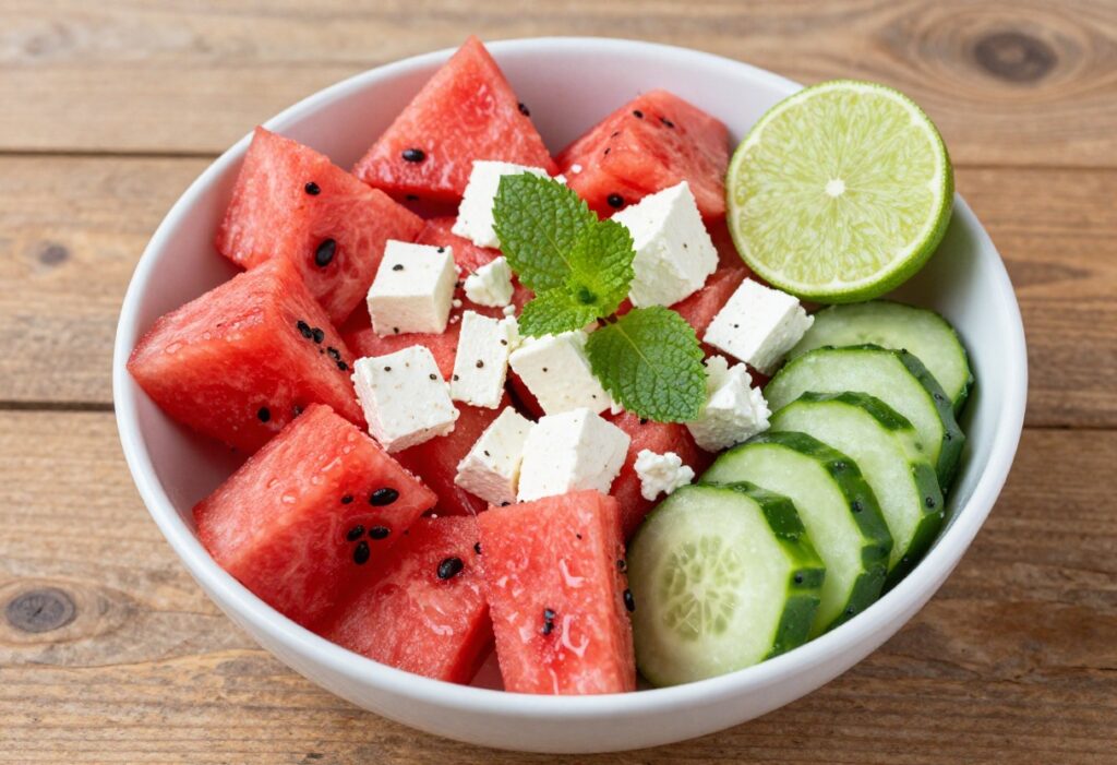 Overhead view of a refreshing watermelon cucumber feta salad with mint in a white bowl on a wooden table