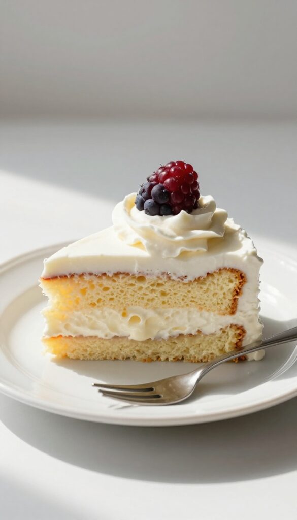 A slice of moist tres leches cake with whipped cream and berries, showcasing the use of evaporated milk for a rich, creamy dessert.