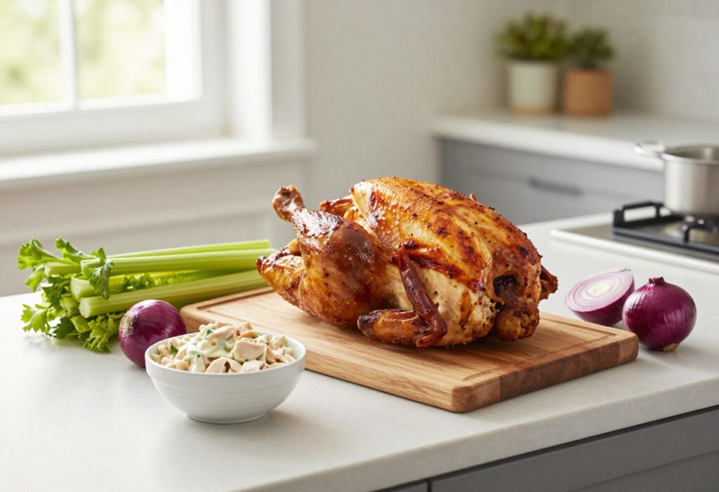 Whole rotisserie chicken on a cutting board with fresh vegetables and a bowl of creamy chicken salad.