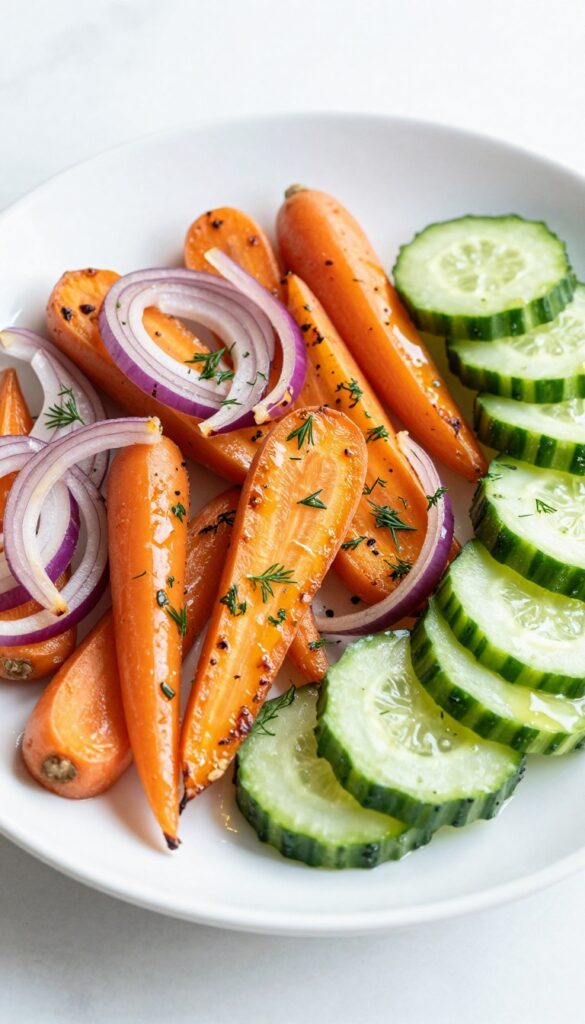A close-up view of a warm roasted vegetable cucumber salad with carrots, onions, and cucumbers, garnished with dill, served on a white plate in natural light.