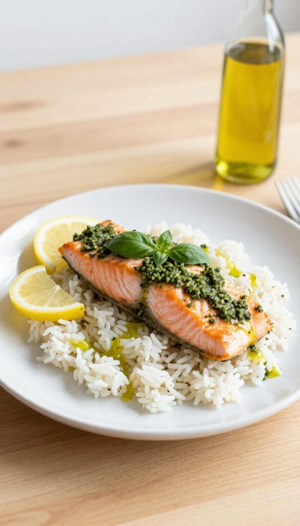 Pesto salmon fillet on rice with lemon slices on a white plate, top-down view