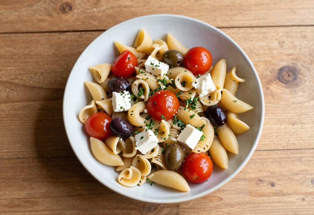 Colorful pasta salad with various ingredients in a bowl, perfect for quick weeknight dinners.