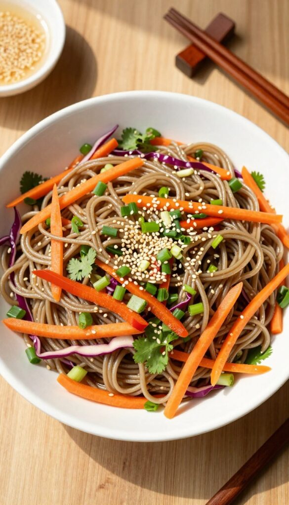 Asian-inspired sesame noodle salad with colorful vegetables and sesame seeds in a white bowl on a wooden table.