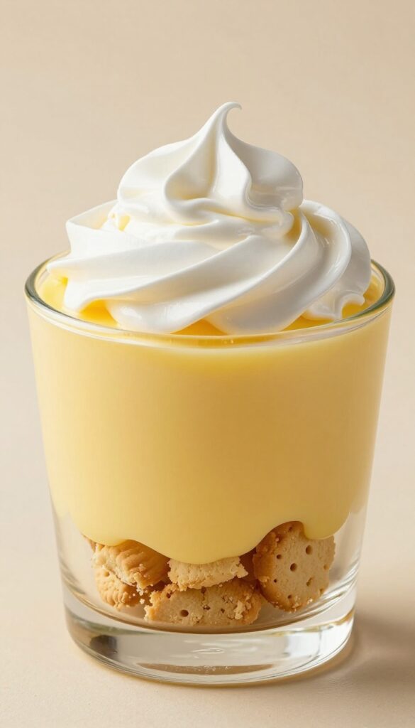 A close-up view of a lemon meringue dessert cup in a clear glass, showing layers of crushed shortbread, lemon curd, and toasted meringue, with bright natural lighting and a clean, blog-friendly aesthetic.