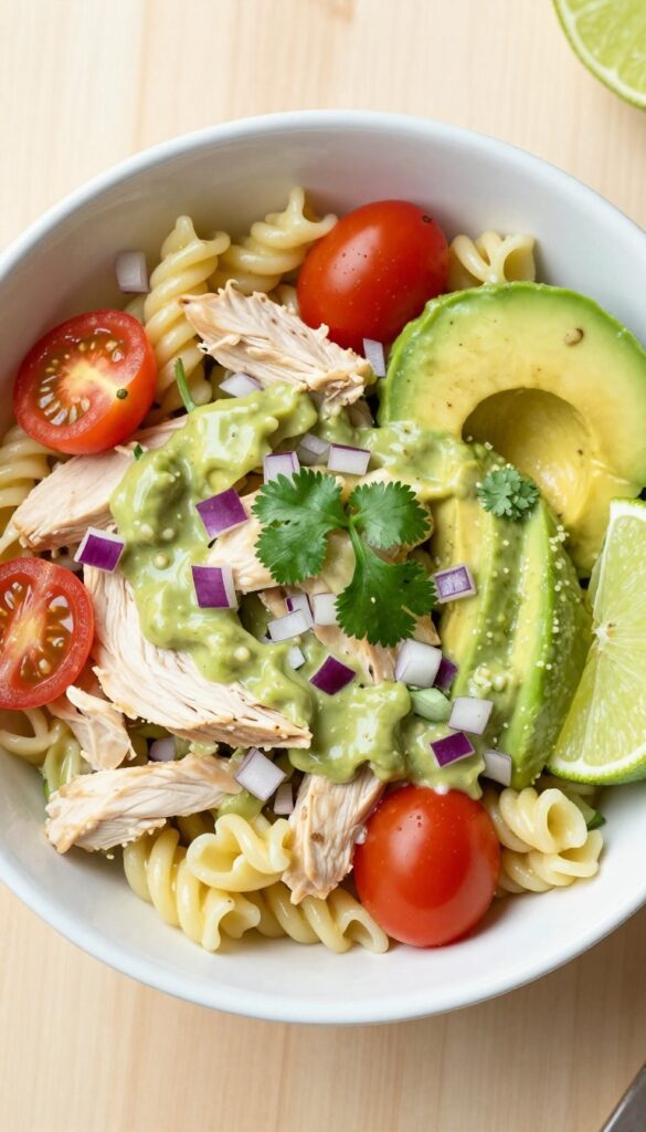 Creamy avocado chicken pasta salad with lime in a white bowl on a wooden table.