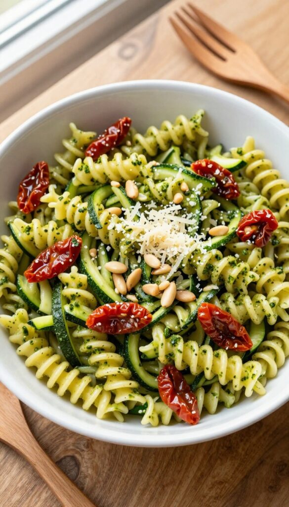 Pesto zucchini noodle pasta salad in a white bowl on a wooden table, with spiralized zucchini, fusilli pasta, basil pesto, sun-dried tomatoes, pine nuts, and Parmesan cheese.