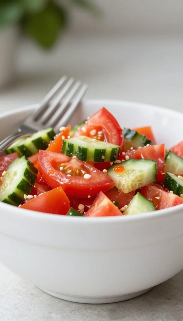 Close-up of tomato cucumber salad with crunchy toppings in a bowl.