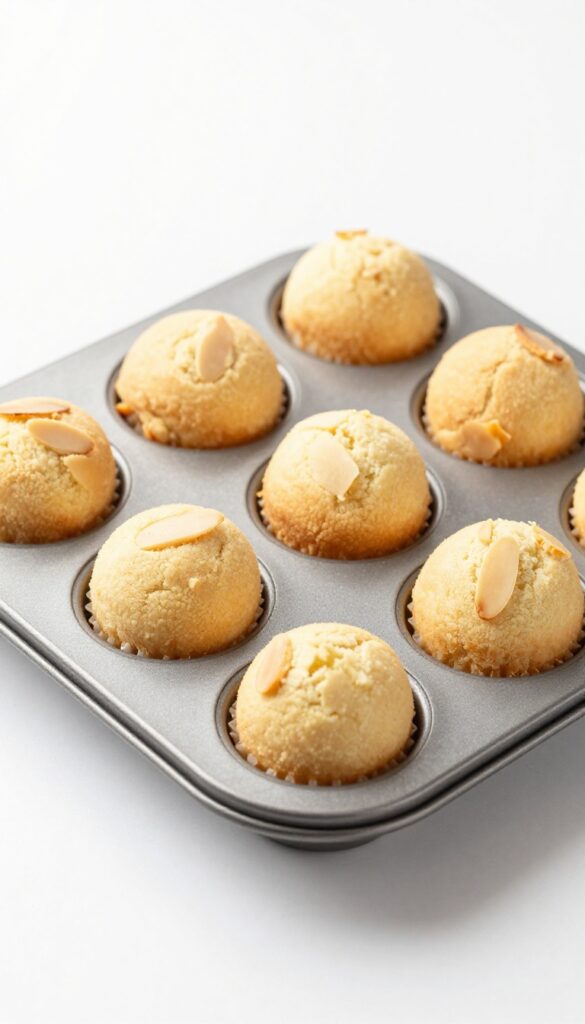 Almond financiers, small almond cakes made with egg whites, with golden edges and soft centers, baked in a mini muffin pan, on a white background