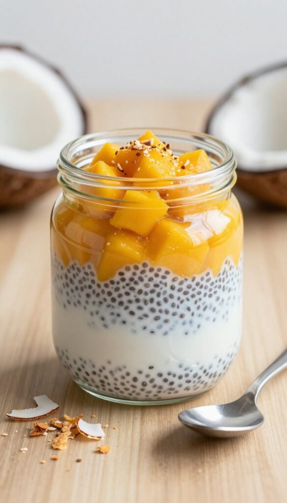 A glass jar of mango coconut chia pudding with layers of mango puree and chia seeds in coconut milk, topped with toasted coconut flakes, on a wooden table in natural light.