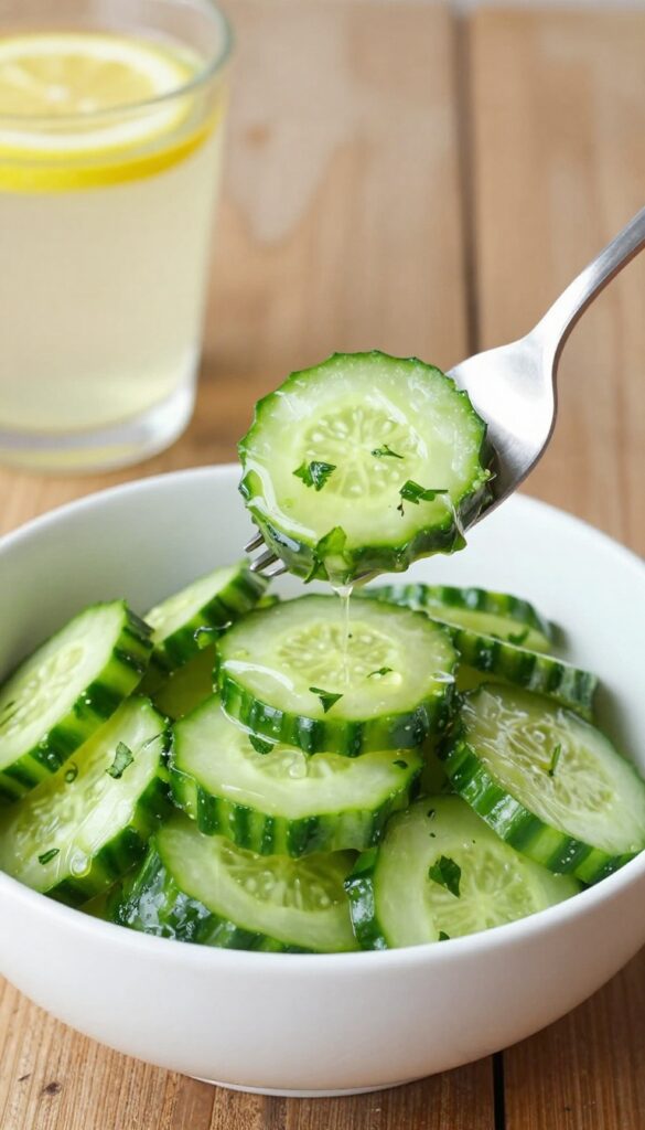 Close-up of cucumber salad being lifted with a fork
