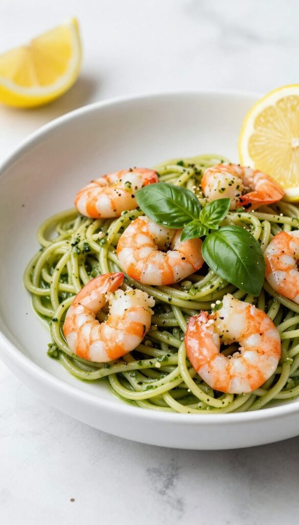 Pesto shrimp pasta in a white bowl with lemon wedge and basil garnish on a marble tabletop