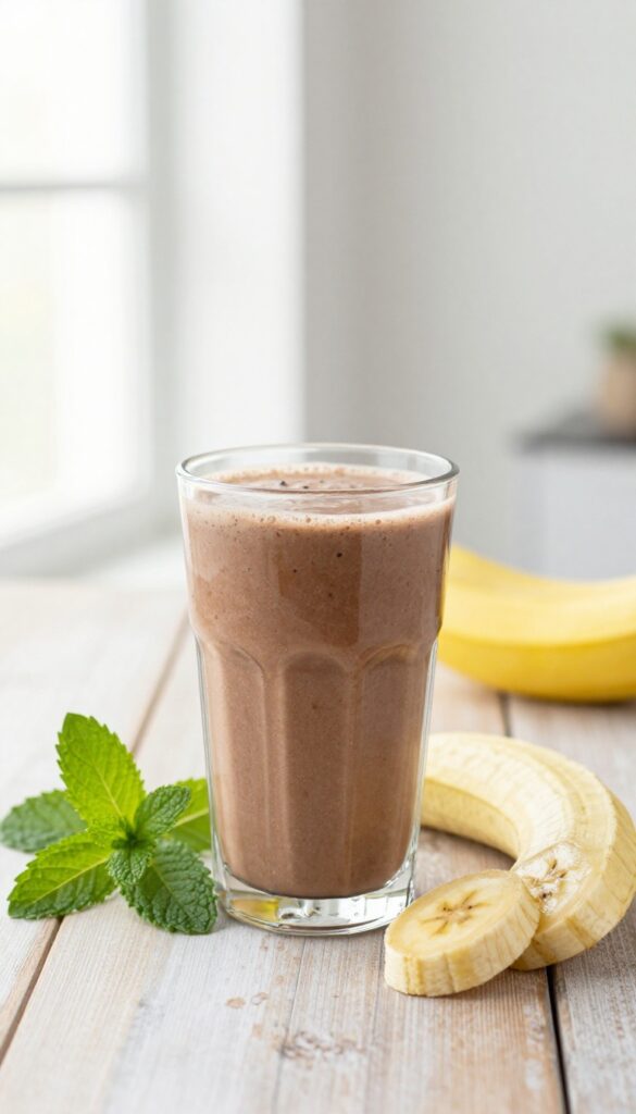 A creamy mint chocolate banana cooler smoothie in a glass with fresh mint leaves and sliced bananas, photographed in natural light for a budget-friendly recipe blog.