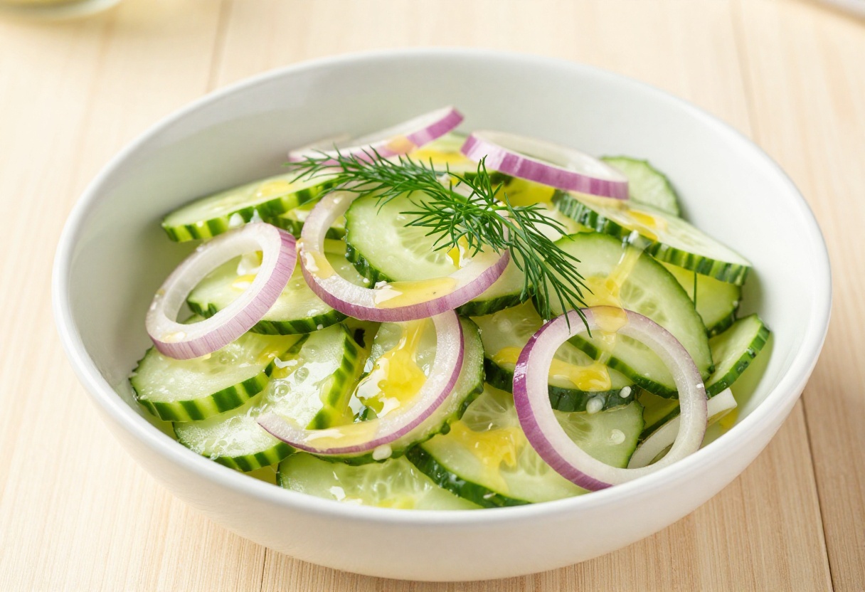 Zesty Onion Cucumber Salad in a white bowl with fresh dill garnish