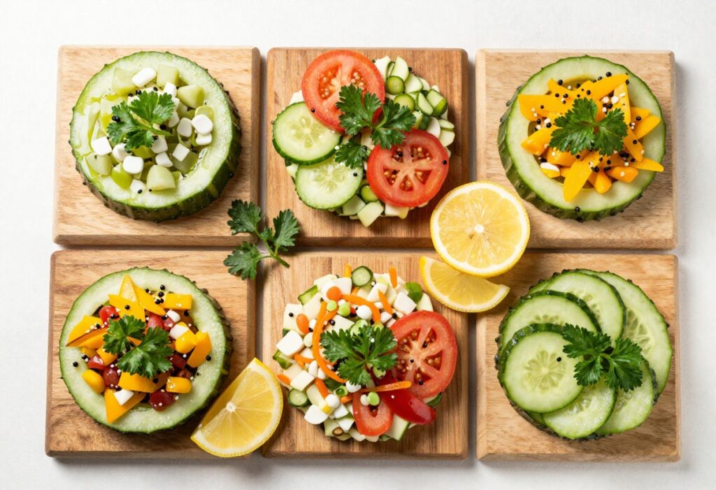 Colorful assortment of seven quick cucumber salad ideas on wooden boards, showcasing fresh ingredients and vibrant sides.