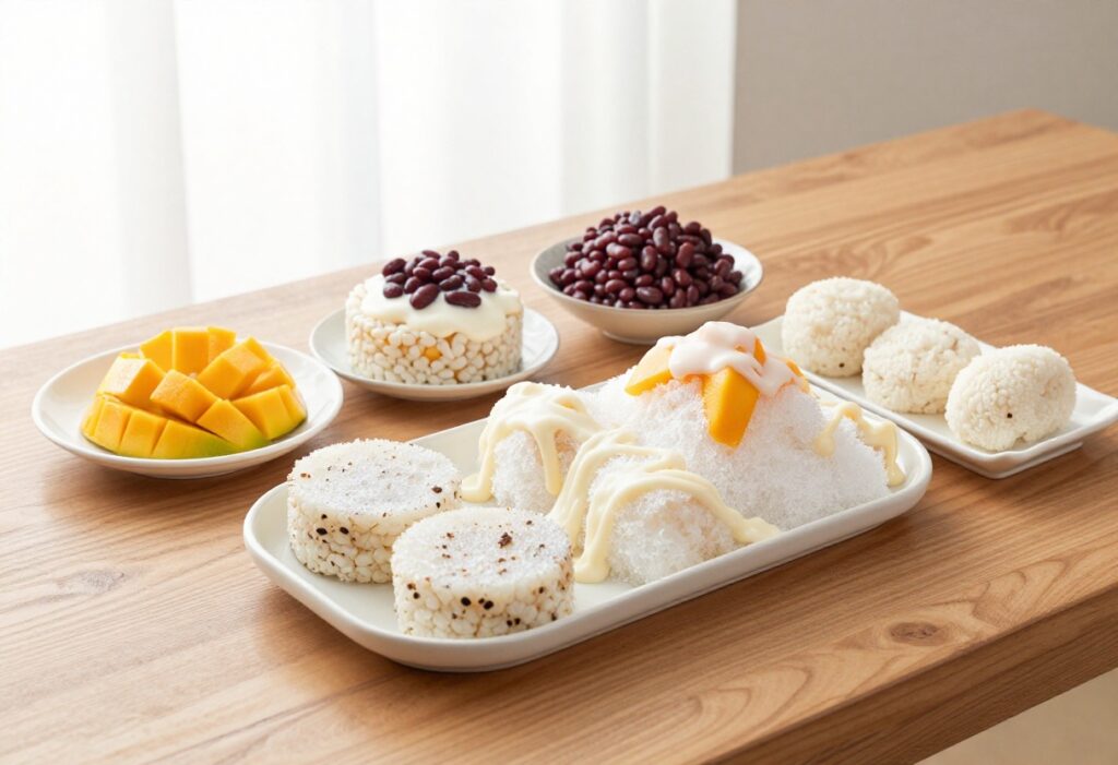 A vibrant and inviting Korean dessert spread including Bingsu with red beans and mango, showcasing the unique and balanced flavors of Korean sweets in a bright, natural setting.