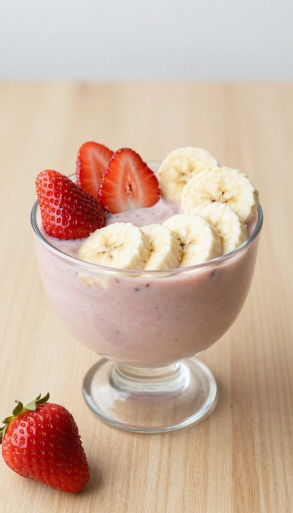 A creamy strawberry-banana smoothie in a glass with fresh strawberries and a banana on a wooden table, representing a simple and family-friendly dairy-free recipe