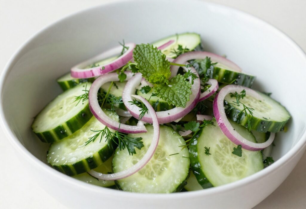 Tangy onion cucumber salad with fresh herbs in a white bowl, overhead view
