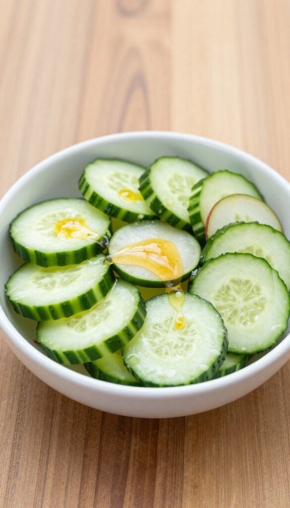 A bowl of cucumber and radish salad with honey-mustard dressing, prepared for meal prep, featuring crisp slices in natural light.