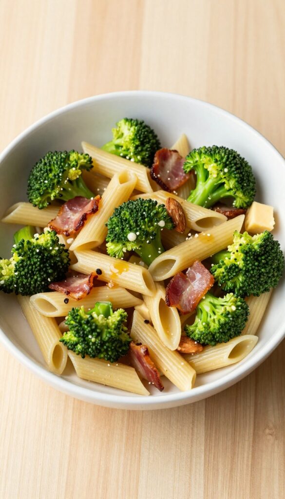 Smoked Gouda and broccoli penne salad with bacon and almonds in a white bowl