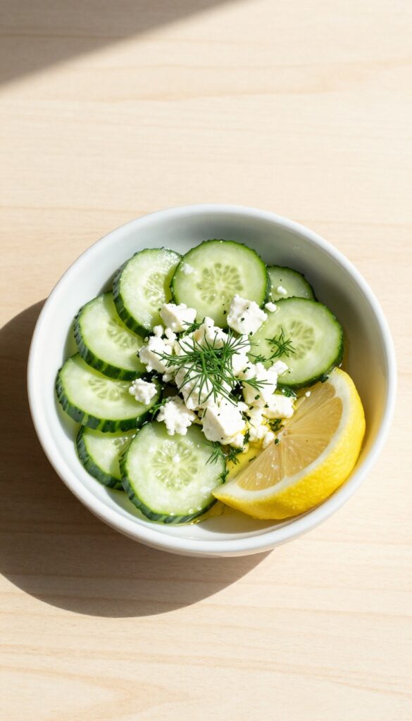 Bowl of cucumber salad with feta and lemon