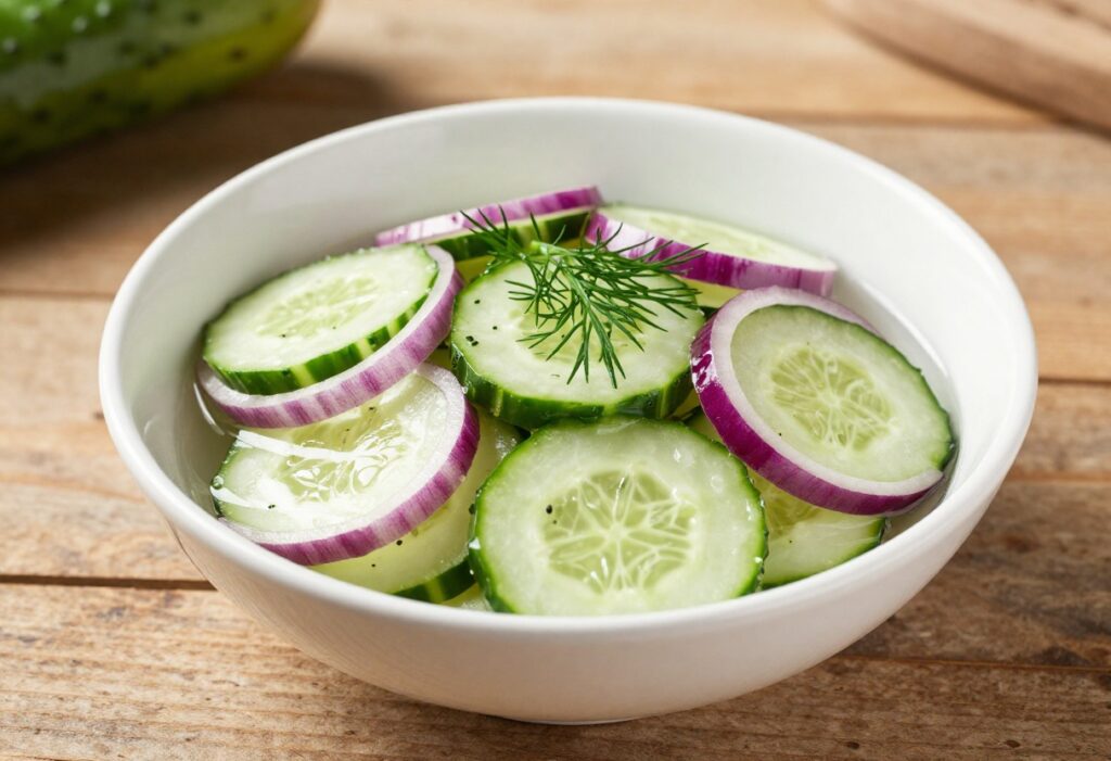 Fresh cucumber onion salad with sweet-tart vinegar dressing in a white bowl