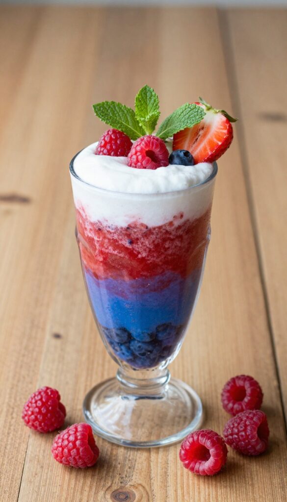 A berry medley strawberry smoothie in a glass with fresh berries and mint garnish on a wooden table.