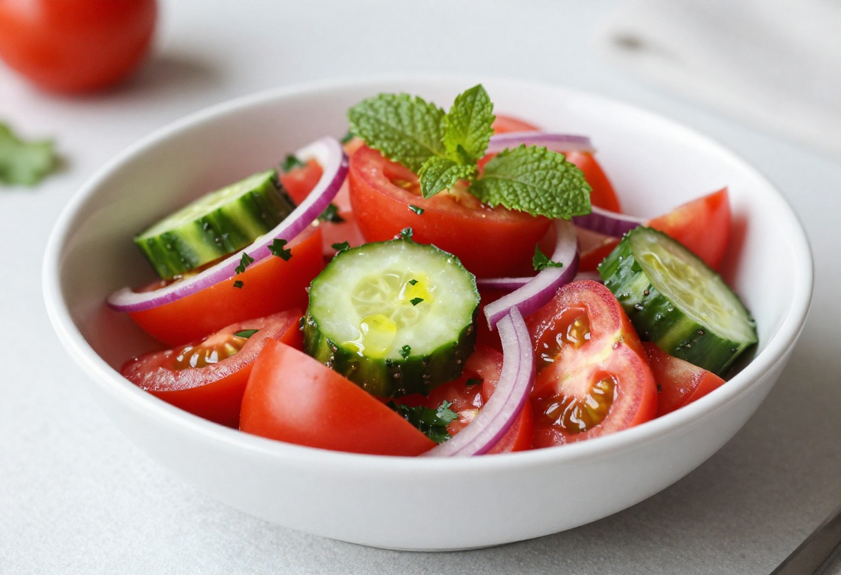 Fresh tomato cucumber salad in a white bowl with herbs and olive oil drizzle.