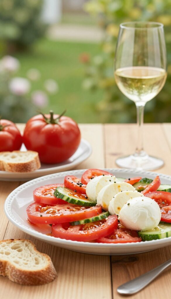 Tomato and mozzarella cucumber salad on a wooden table with bread and wine.