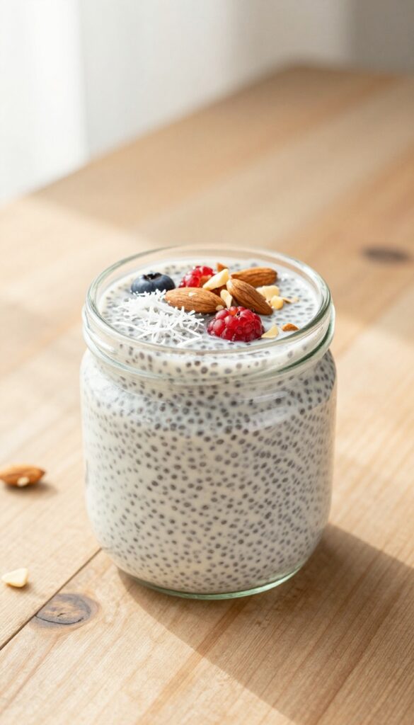 A glass jar of coconut chia pudding with berries and shredded coconut, representing a Whole30 dessert recipe for clean sweet treats.