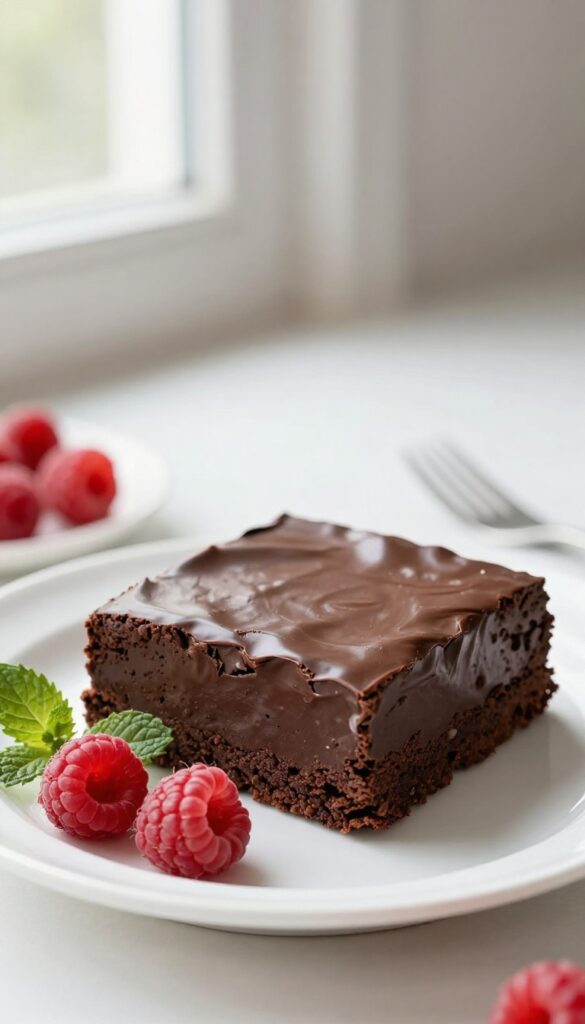A slice of dairy-free chocolate avocado brownie with raspberries and mint on a white plate, highlighting its fudgy texture and natural ingredients.