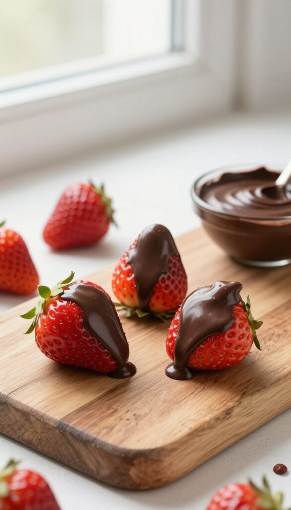 Chocolate-dipped strawberries on a wooden board