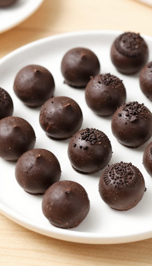 A close-up view of homemade Oreo truffles, featuring glossy chocolate-coated balls with Oreo crumb garnish, arranged on a white plate in bright natural light.