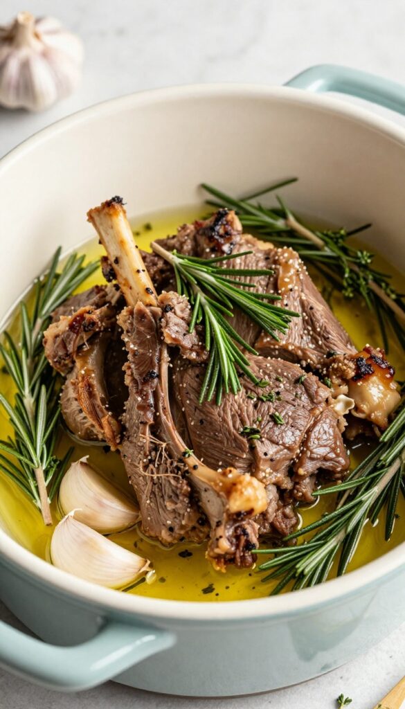 A close-up of CrockPot Mediterranean lamb with herbs, showcasing tender meat, fresh rosemary, thyme, and garlic in a bright, natural setting.