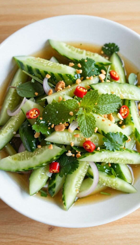 Spicy Thai cucumber salad with fresh herbs and chili-lime dressing in a white bowl