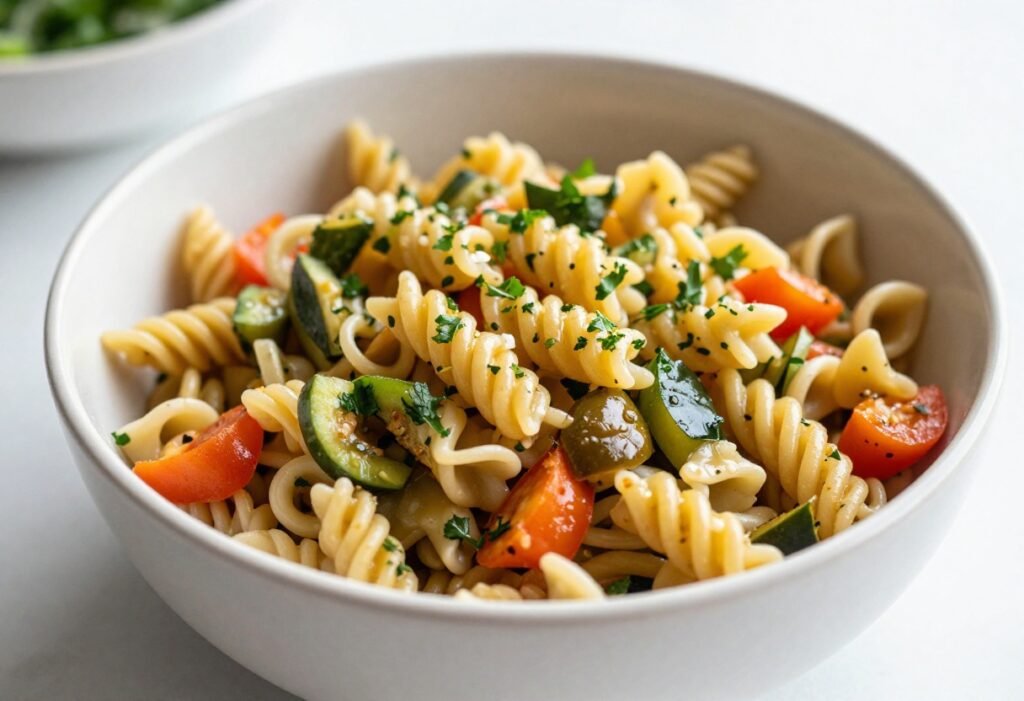 Colorful pasta salad with fresh vegetables and herbs in a ceramic bowl