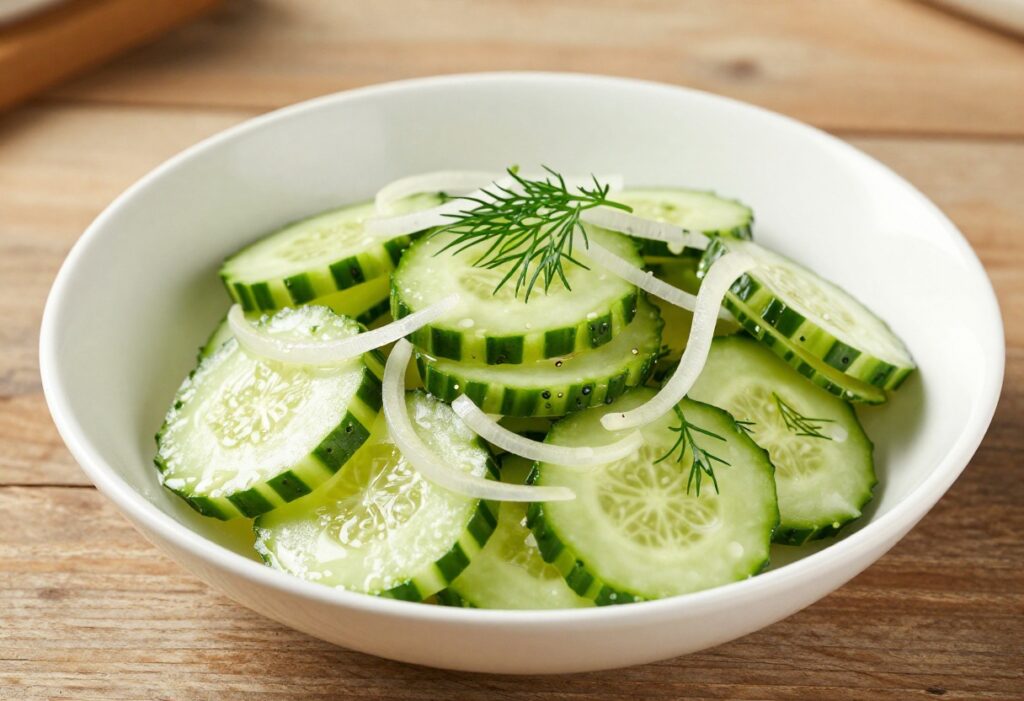 Old-fashioned cucumber salad with vinegar and onion in a white bowl