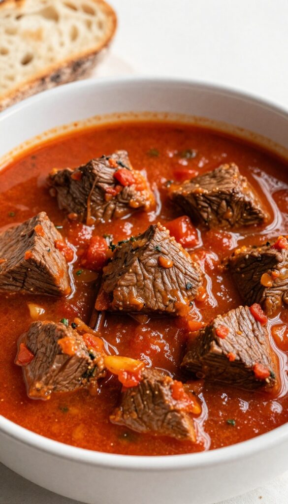 A close-up of CrockPot Greek-style beef stew in a bowl, showing tender beef, tomatoes, and herbs, with crusty bread nearby, in natural light.