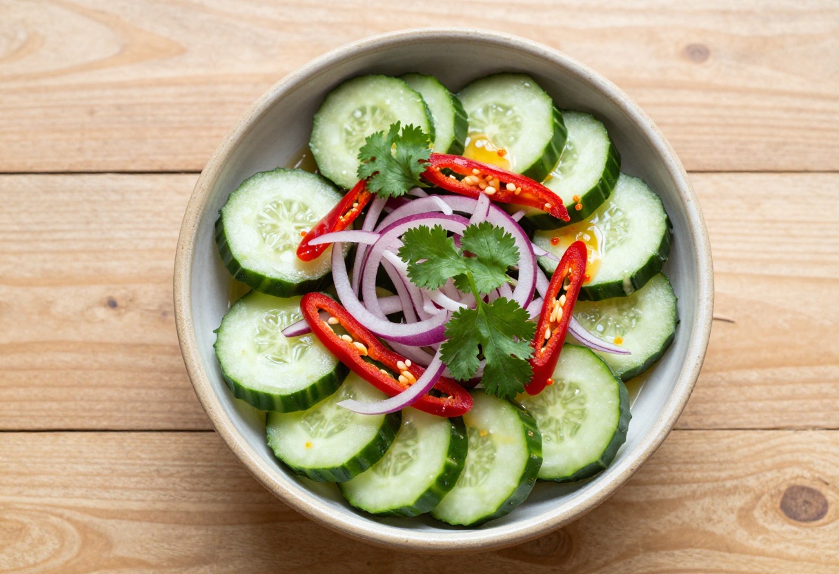 Fresh Mexican cucumber salad with lime, cilantro, and chili in a bowl