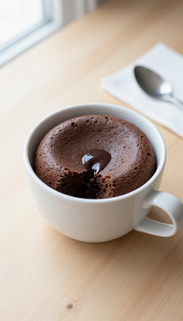 Healthy chocolate lava cake in a white mug with gooey center, overhead view.