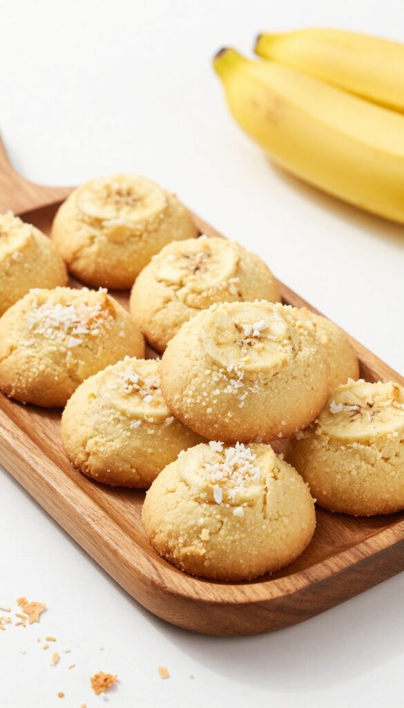 Freshly baked paleo banana coconut cookies on a wooden tray with shredded coconut and a ripe banana, showcasing a soft, chewy texture in natural light.