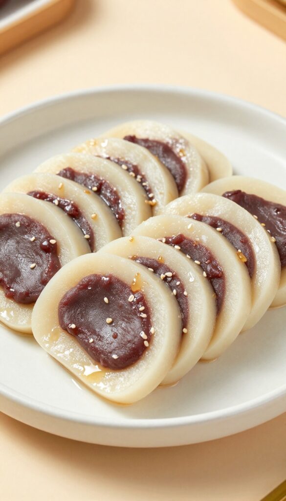 A close-up of freshly steamed Korean rice cakes (Tteok) with red bean paste, showcasing their chewy texture and mild sweetness in natural light, perfect for a blog about unique desserts.