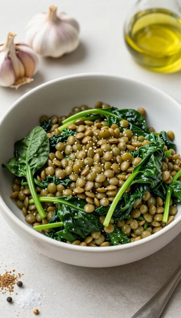 A warm lentil and spinach Mediterranean bowl with ingredients like garlic and onion, arranged in a bright, clean setting, representing a high-protein plant-based meal.