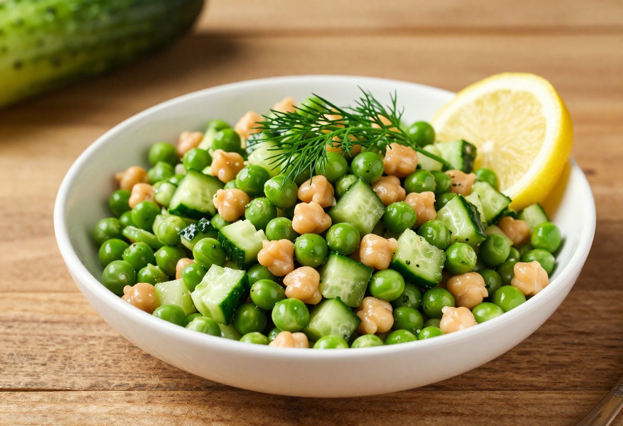 Bowl of Zesty Peas, Pea, and Chickpea Cucumber Salad with Fresh Herbs on wooden table