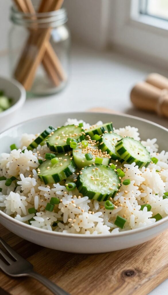 Angled view of marinated rice and sesame cucumber salad with fork on wooden table.