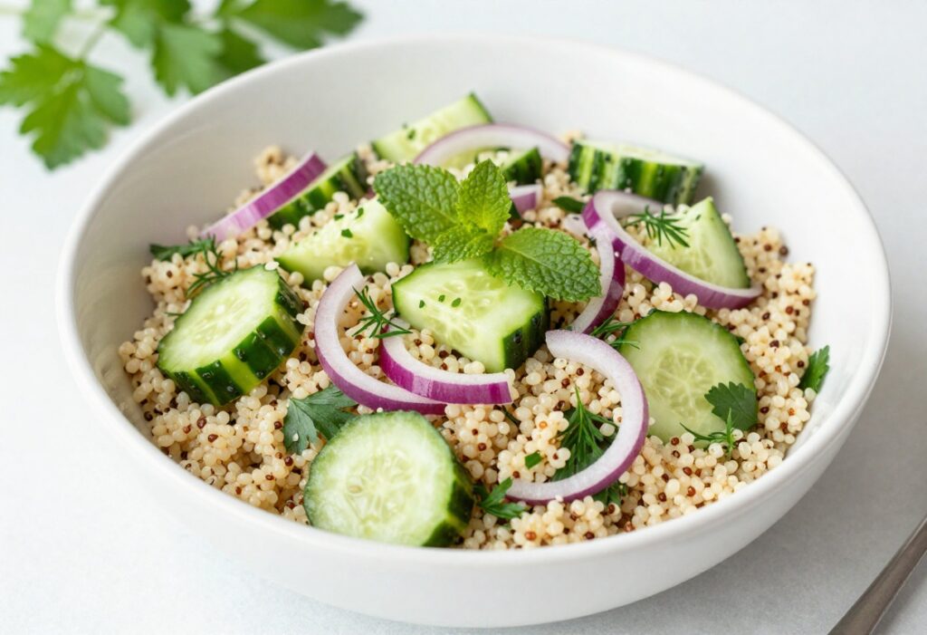 Quinoa and herbs cucumber salad in a white bowl, garnished with fresh herbs.
