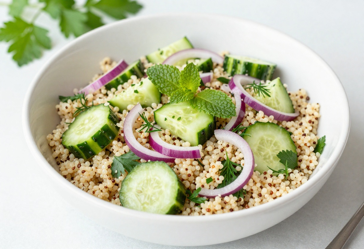 Quinoa and herbs cucumber salad in a white bowl, garnished with fresh herbs.