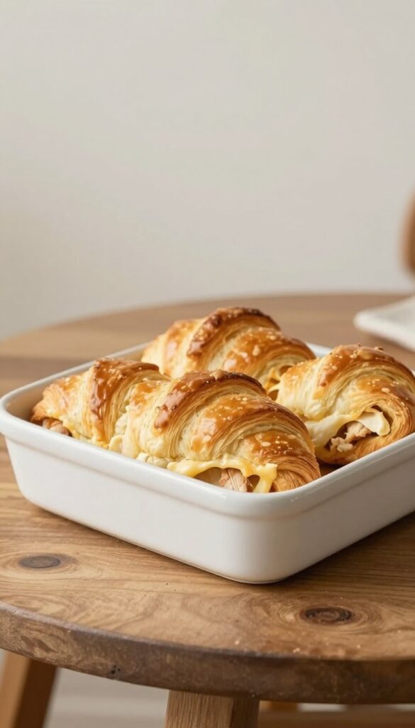 A golden-brown crescent roll bake with creamy chicken and cheese filling, served in a ceramic dish on a wooden table, representing an easy and comforting dinner recipe.